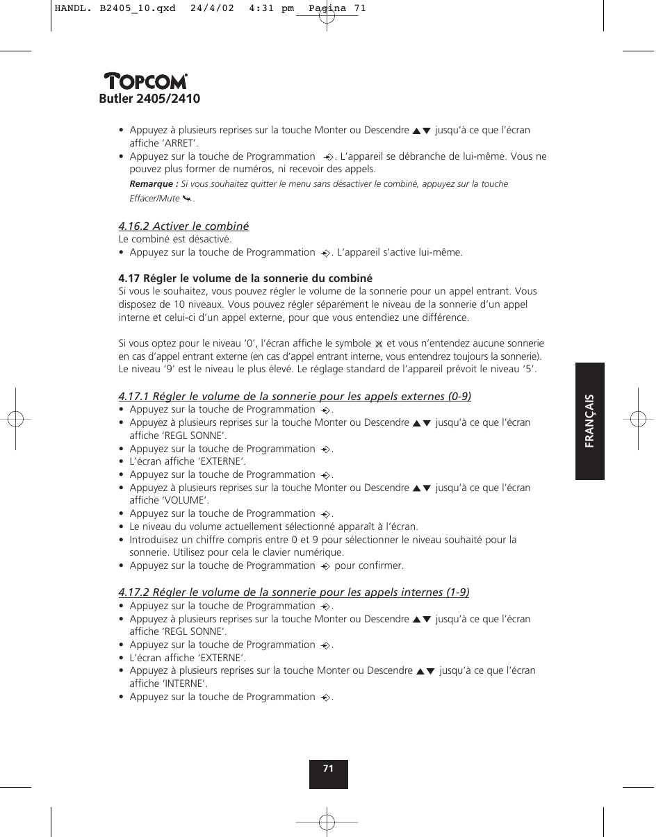 Topcom BUTLER 2410 User Manual | Page 71 / 116