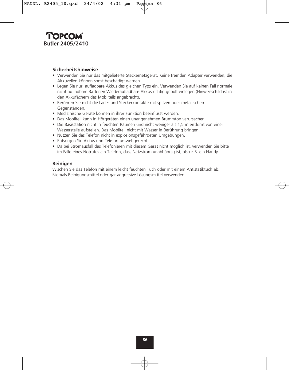 Topcom BUTLER 2410 User Manual | Page 86 / 116