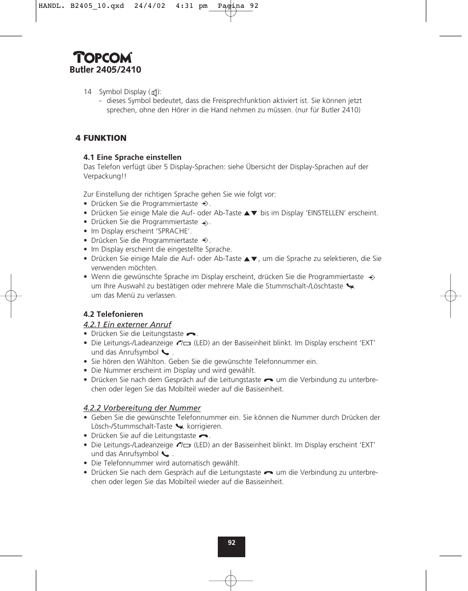 Topcom BUTLER 2410 User Manual | Page 92 / 116