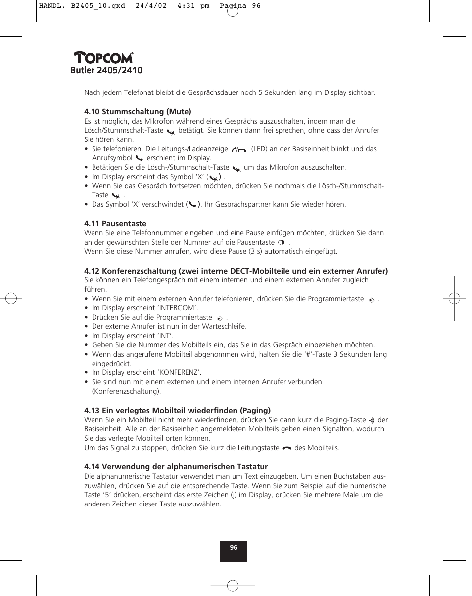 Topcom BUTLER 2410 User Manual | Page 96 / 116