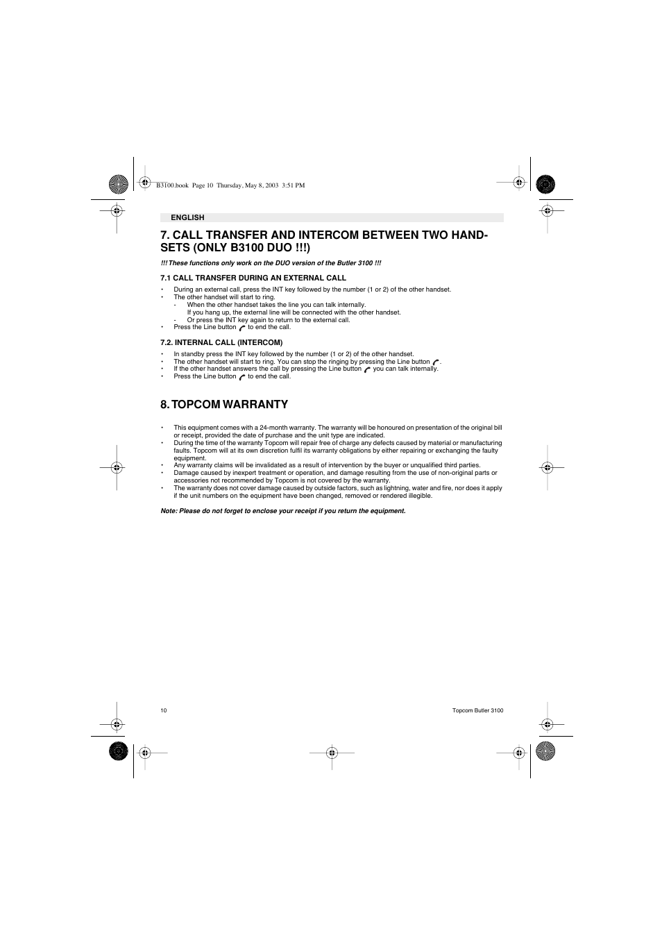 Topcom warranty | Topcom BUTLER 3100 User Manual | Page 10 / 40