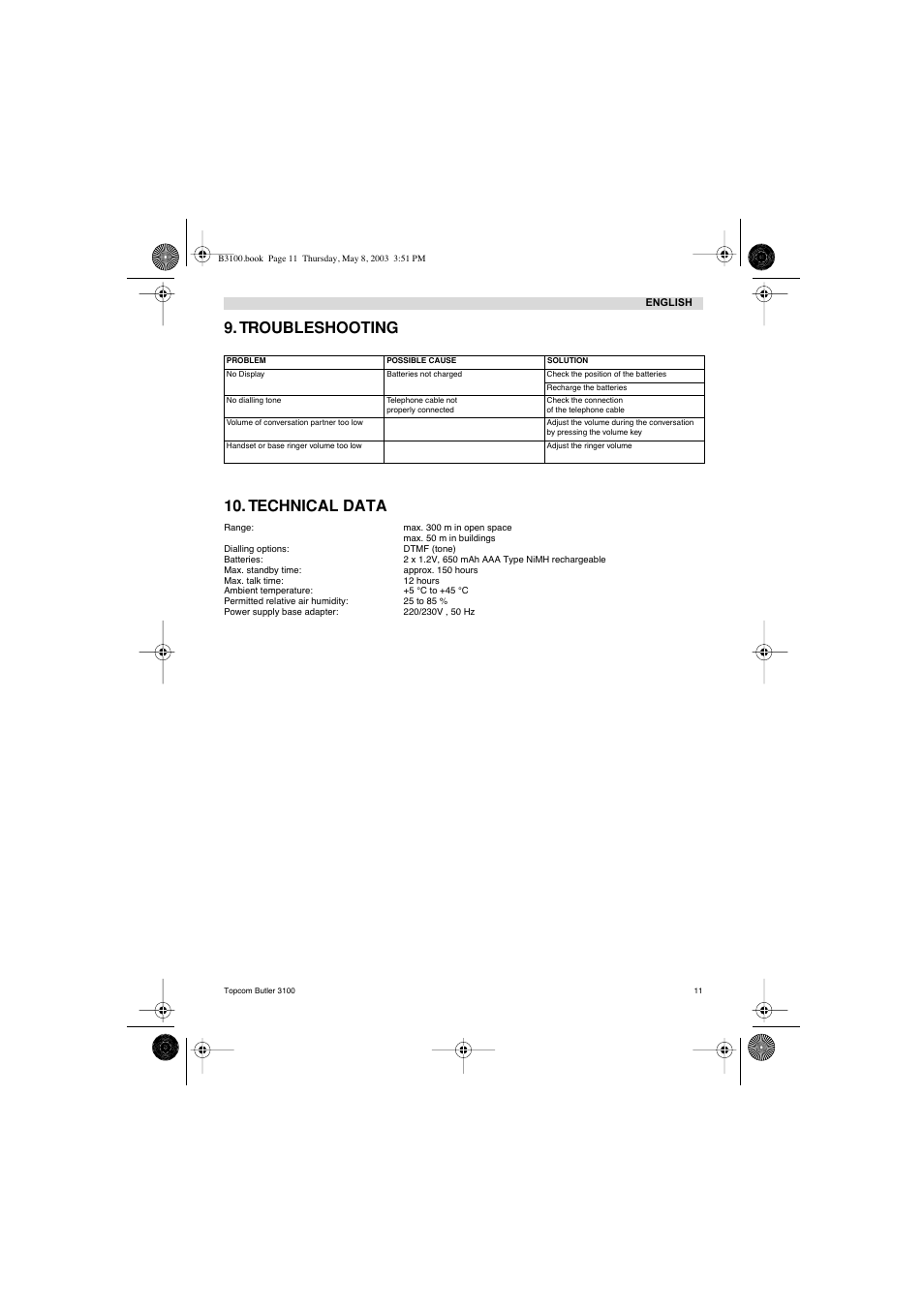 Troubleshooting 10. technical data | Topcom BUTLER 3100 User Manual | Page 11 / 40