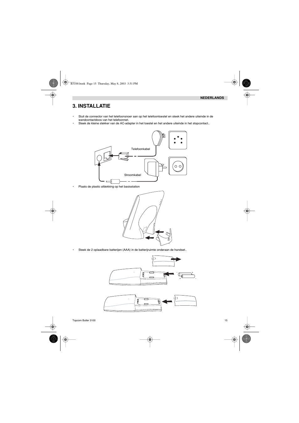 Installatie | Topcom BUTLER 3100 User Manual | Page 15 / 40