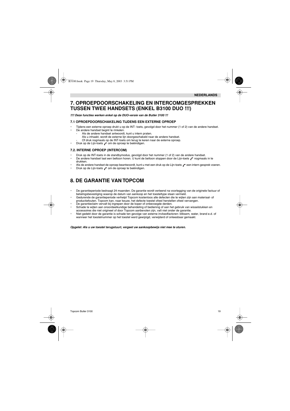 De garantie van topcom | Topcom BUTLER 3100 User Manual | Page 19 / 40