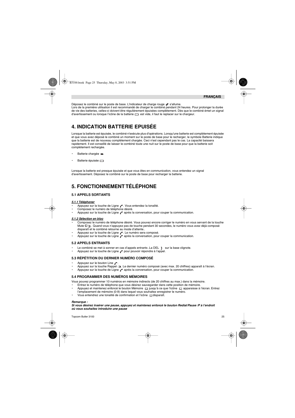 Indication batterie epuisée, Fonctionnement téléphone | Topcom BUTLER 3100 User Manual | Page 25 / 40