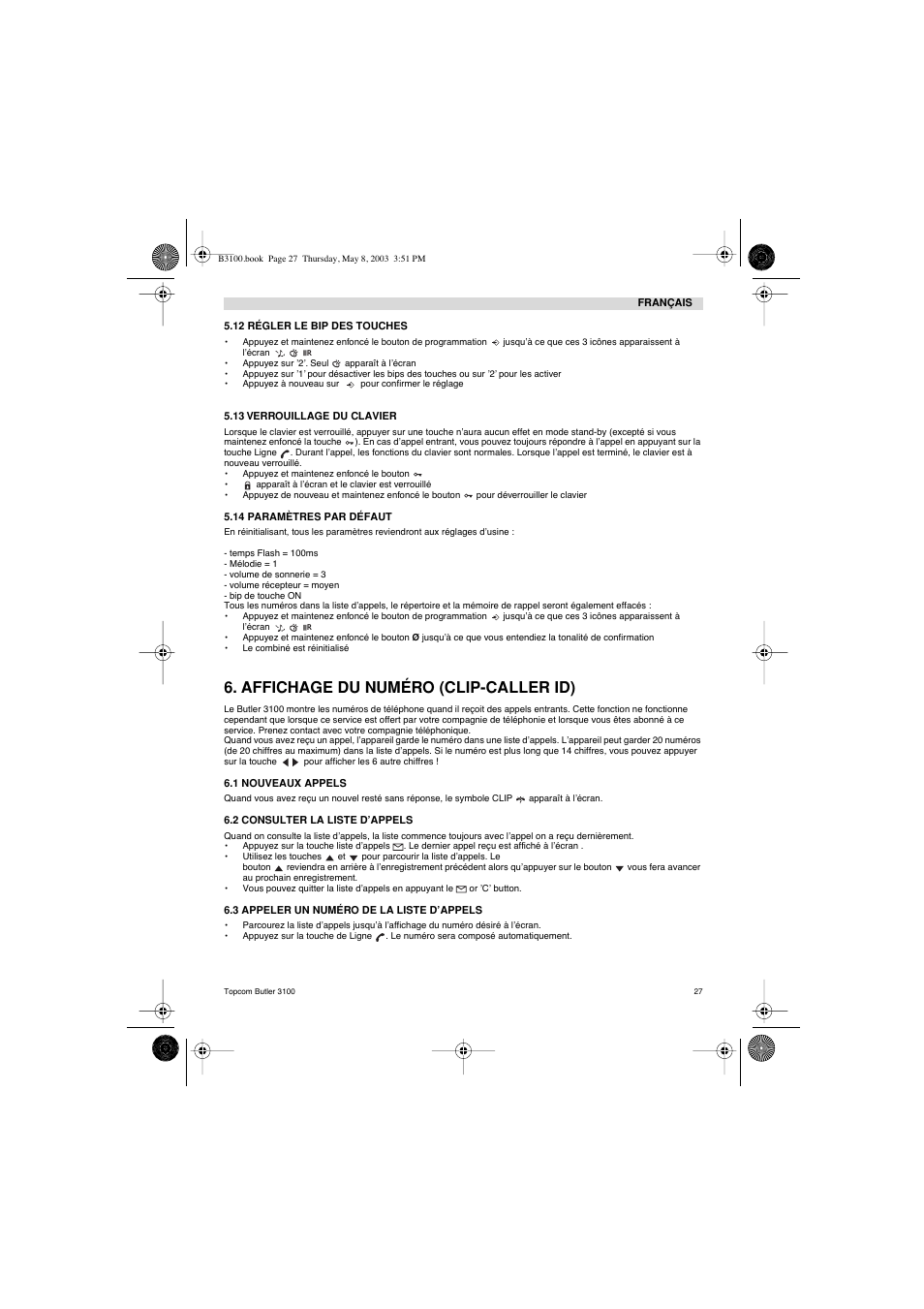 Affichage du numéro (clip-caller id) | Topcom BUTLER 3100 User Manual | Page 27 / 40