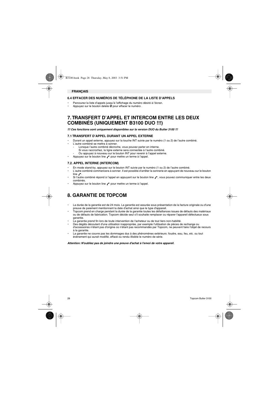 Garantie de topcom | Topcom BUTLER 3100 User Manual | Page 28 / 40