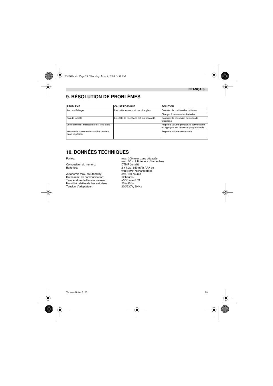 Résolution de problèmes 10. données techniques | Topcom BUTLER 3100 User Manual | Page 29 / 40