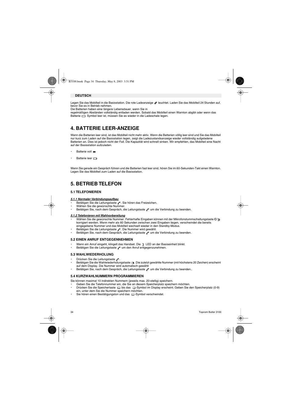 Batterie leer-anzeige, Betrieb telefon | Topcom BUTLER 3100 User Manual | Page 34 / 40