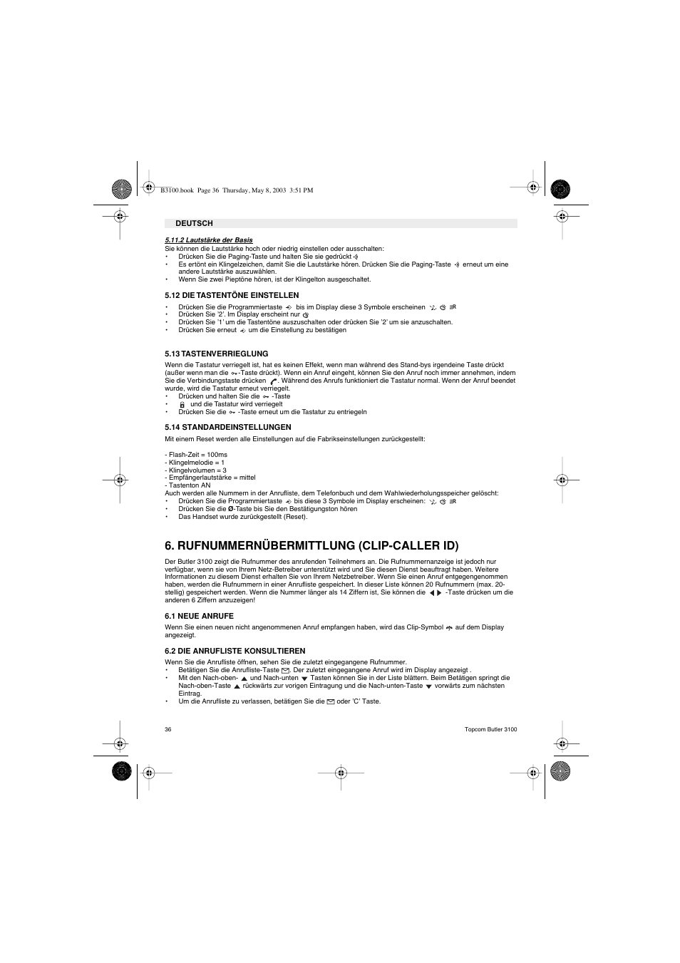 Rufnummernübermittlung (clip-caller id) | Topcom BUTLER 3100 User Manual | Page 36 / 40