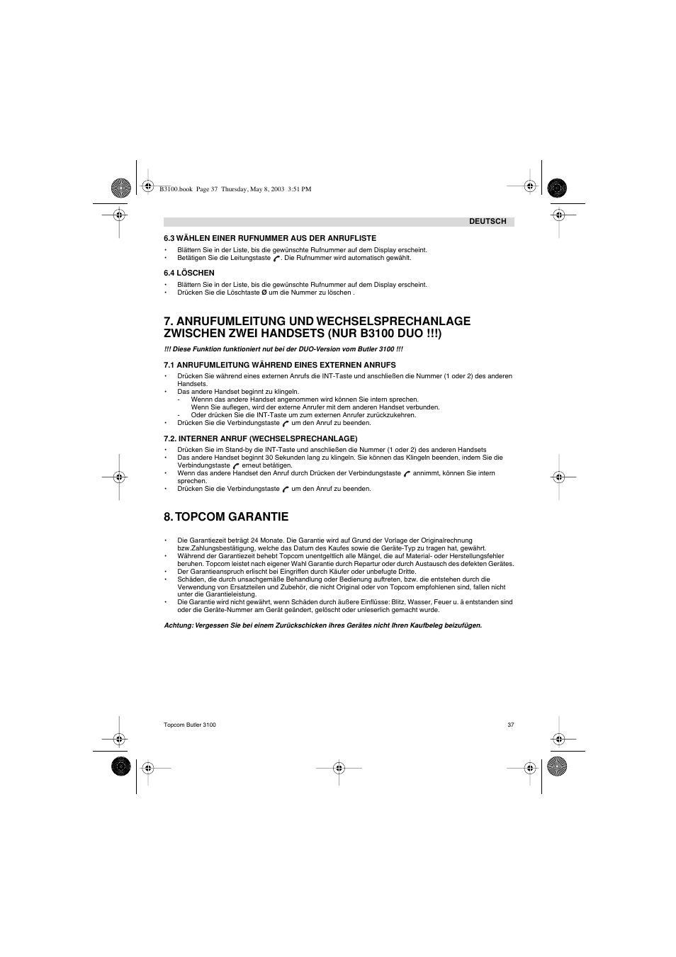 Topcom garantie | Topcom BUTLER 3100 User Manual | Page 37 / 40