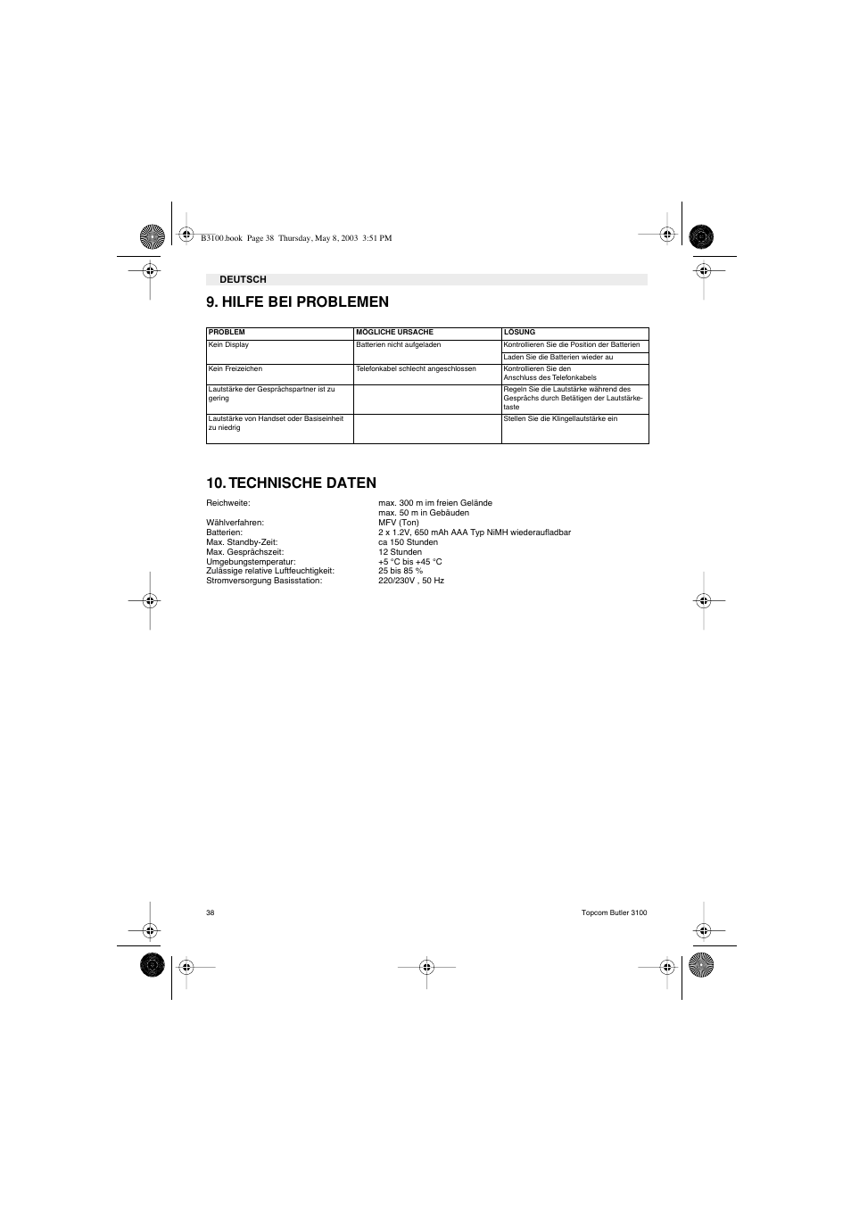Hilfe bei problemen 10. technische daten | Topcom BUTLER 3100 User Manual | Page 38 / 40