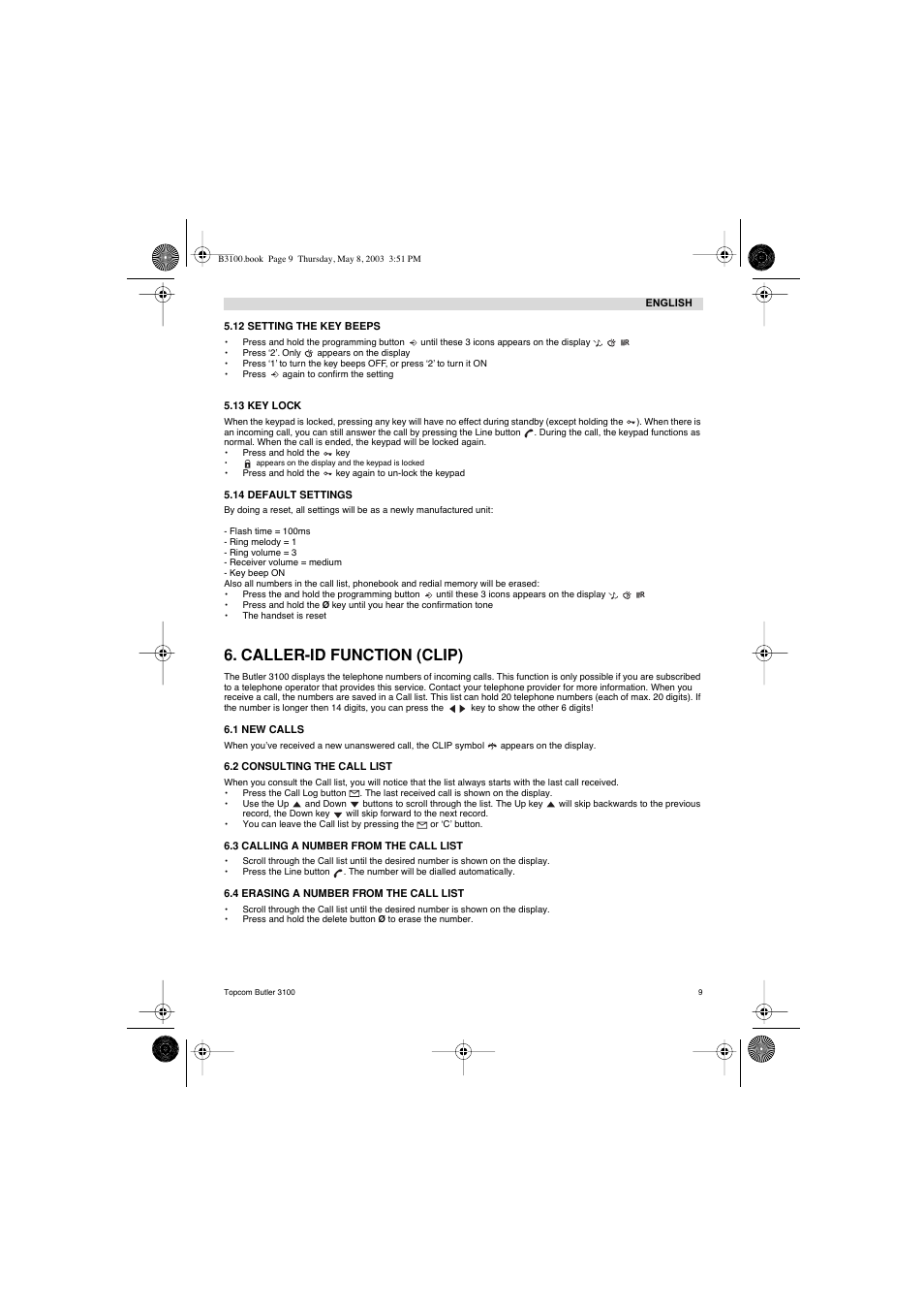 Caller-id function (clip) | Topcom BUTLER 3100 User Manual | Page 9 / 40