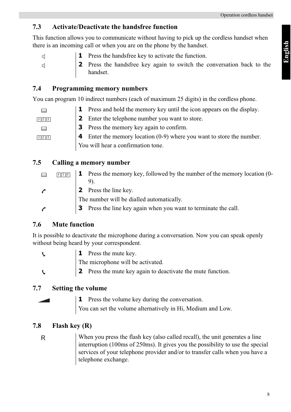 Eng lish, 3 activate/deactivate the handsfree function, 7 setting the volume 7.8 flash key (r) | Topcom BUTLER 900 User Manual | Page 11 / 20