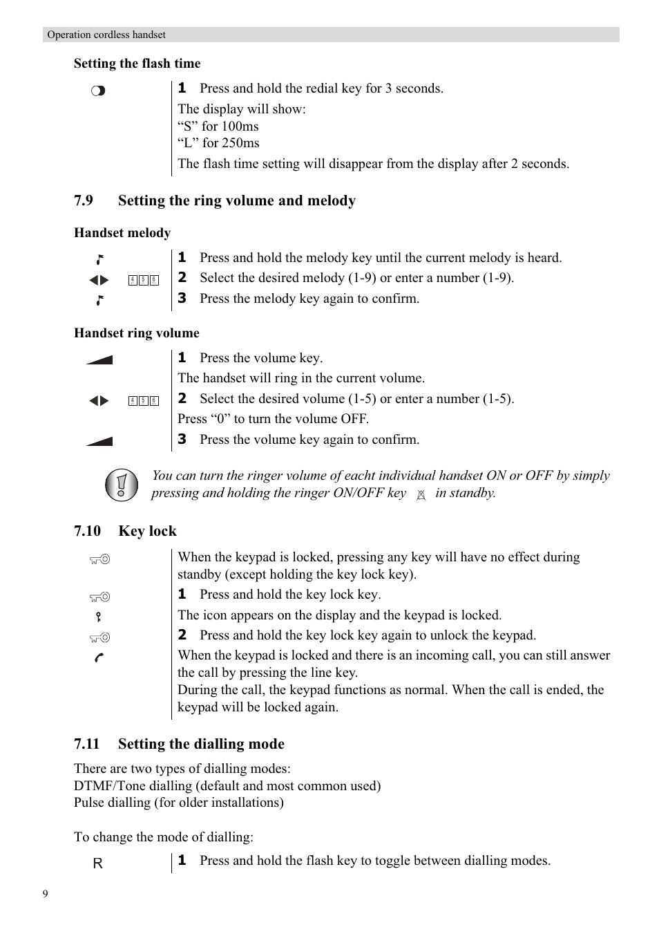 9 setting the ring volume and melody, Setting the flash time, Handset melody handset ring volume | Topcom BUTLER 900 User Manual | Page 12 / 20