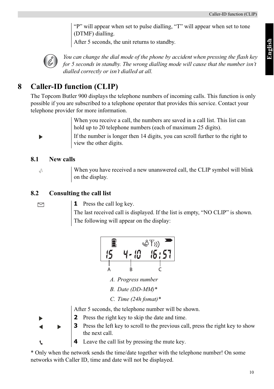 8caller-id function (clip) | Topcom BUTLER 900 User Manual | Page 13 / 20