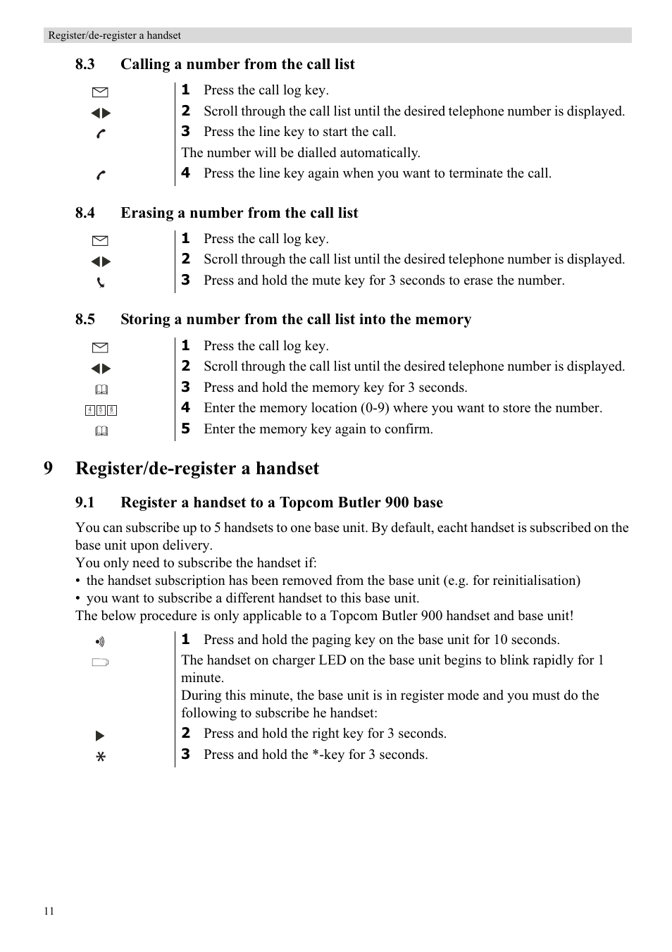 9register/de-register a handset, 1 register a handset to a topcom butler 900 base | Topcom BUTLER 900 User Manual | Page 14 / 20