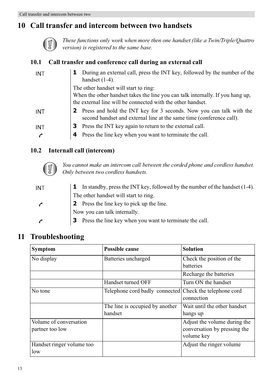 10 call transfer and intercom between two handsets, 11 troubleshooting | Topcom BUTLER 900 User Manual | Page 16 / 20