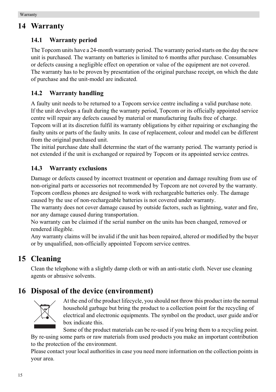 14 warranty, 15 cleaning, 16 disposal of the device (environment) | Topcom BUTLER 900 User Manual | Page 18 / 20