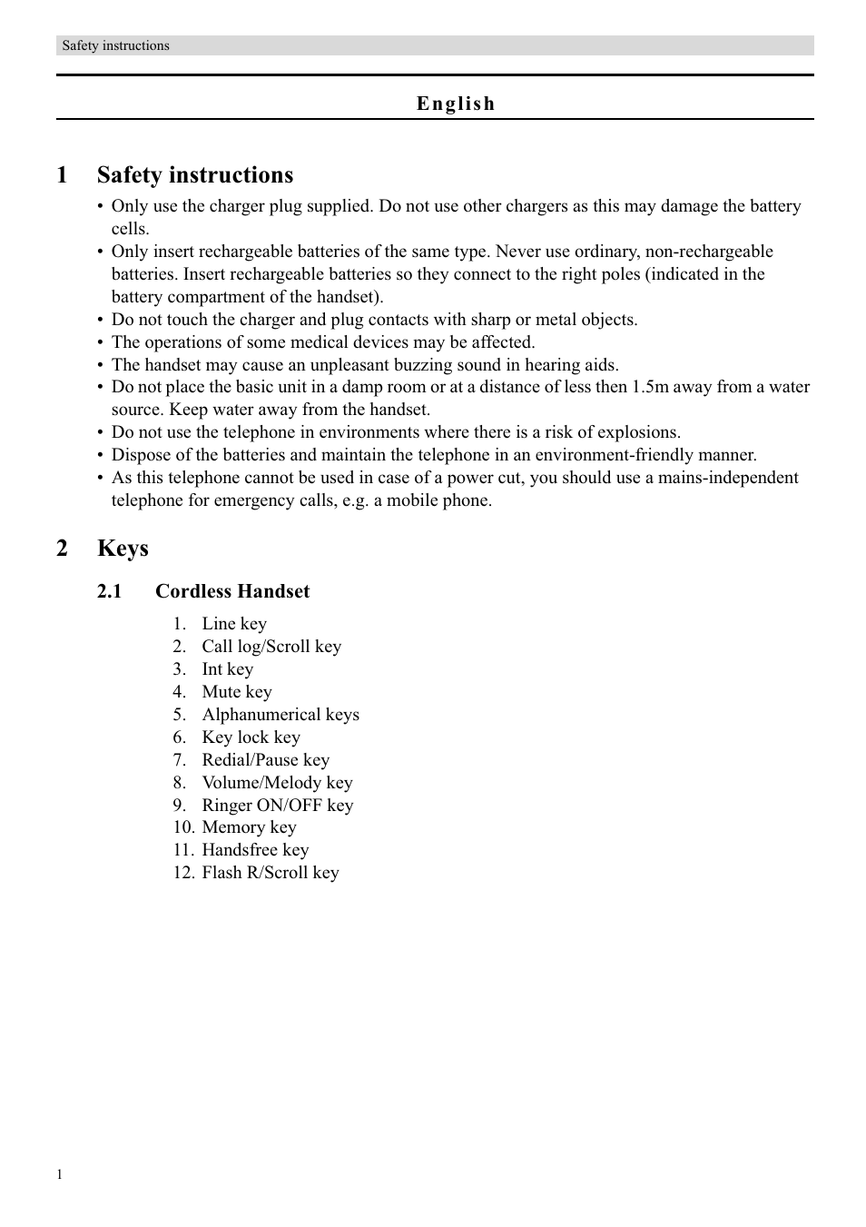 1safety instructions, 2keys | Topcom BUTLER 900 User Manual | Page 4 / 20