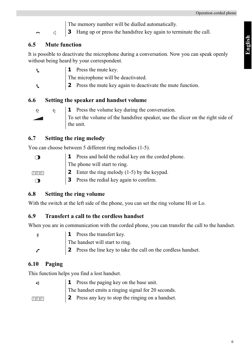 Eng lish, 5 mute function, 8 setting the ring volume | 9 transfert a call to the cordless handset, 10 paging | Topcom BUTLER 900 User Manual | Page 9 / 20