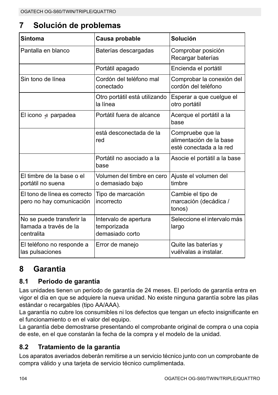 7solución de problemas 8 garantia | Topcom OGATECH OG-S60 User Manual | Page 104 / 144