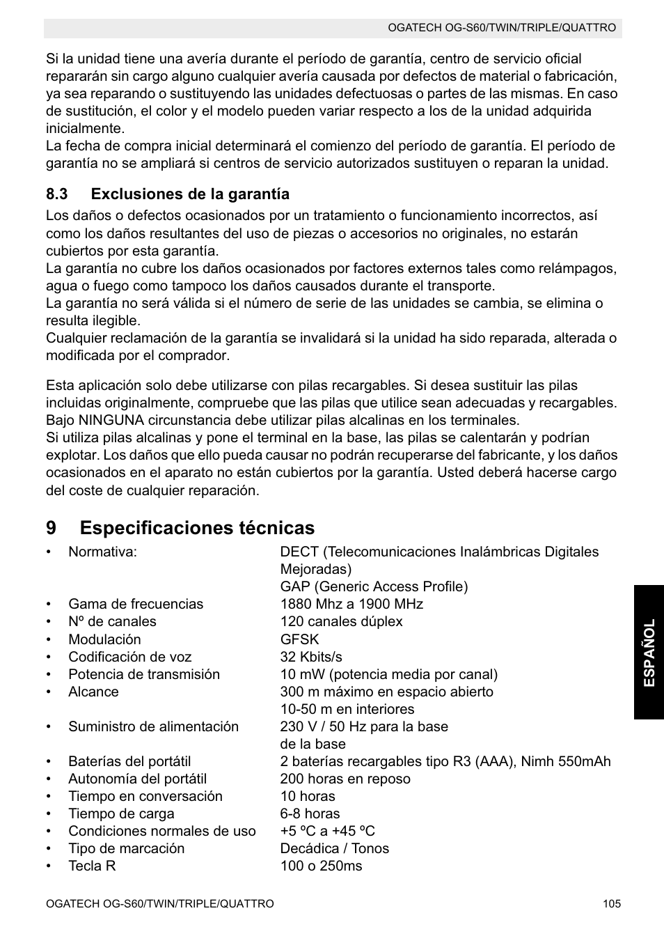 9especificaciones técnicas | Topcom OGATECH OG-S60 User Manual | Page 105 / 144