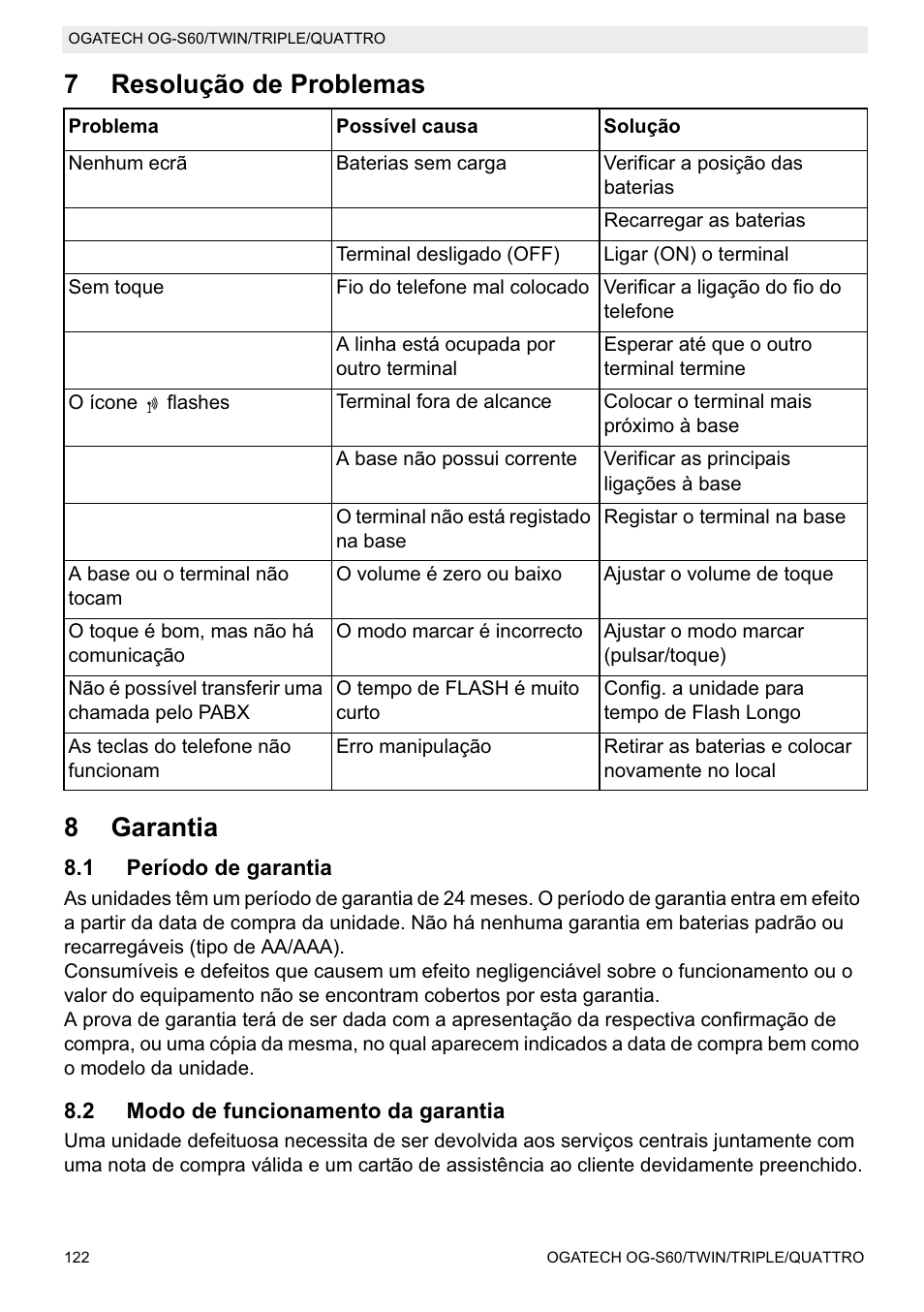 7resolução de problemas 8 garantia | Topcom OGATECH OG-S60 User Manual | Page 122 / 144