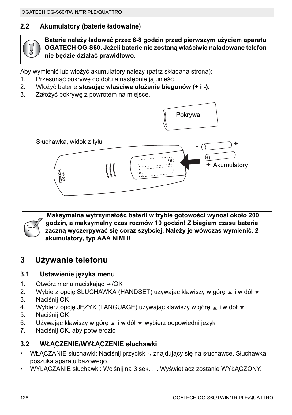3uīywanie telefonu | Topcom OGATECH OG-S60 User Manual | Page 128 / 144