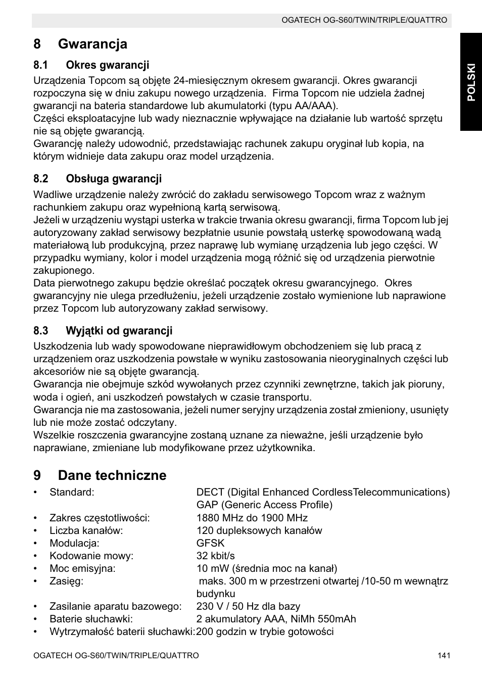 8gwarancja, 9dane techniczne | Topcom OGATECH OG-S60 User Manual | Page 141 / 144