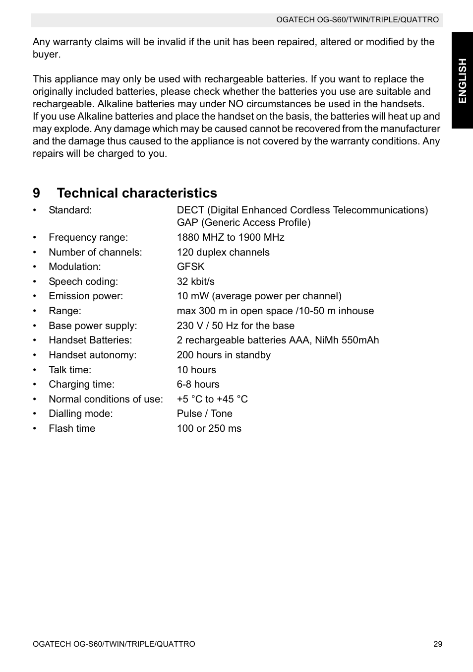 9technical characteristics | Topcom OGATECH OG-S60 User Manual | Page 29 / 144