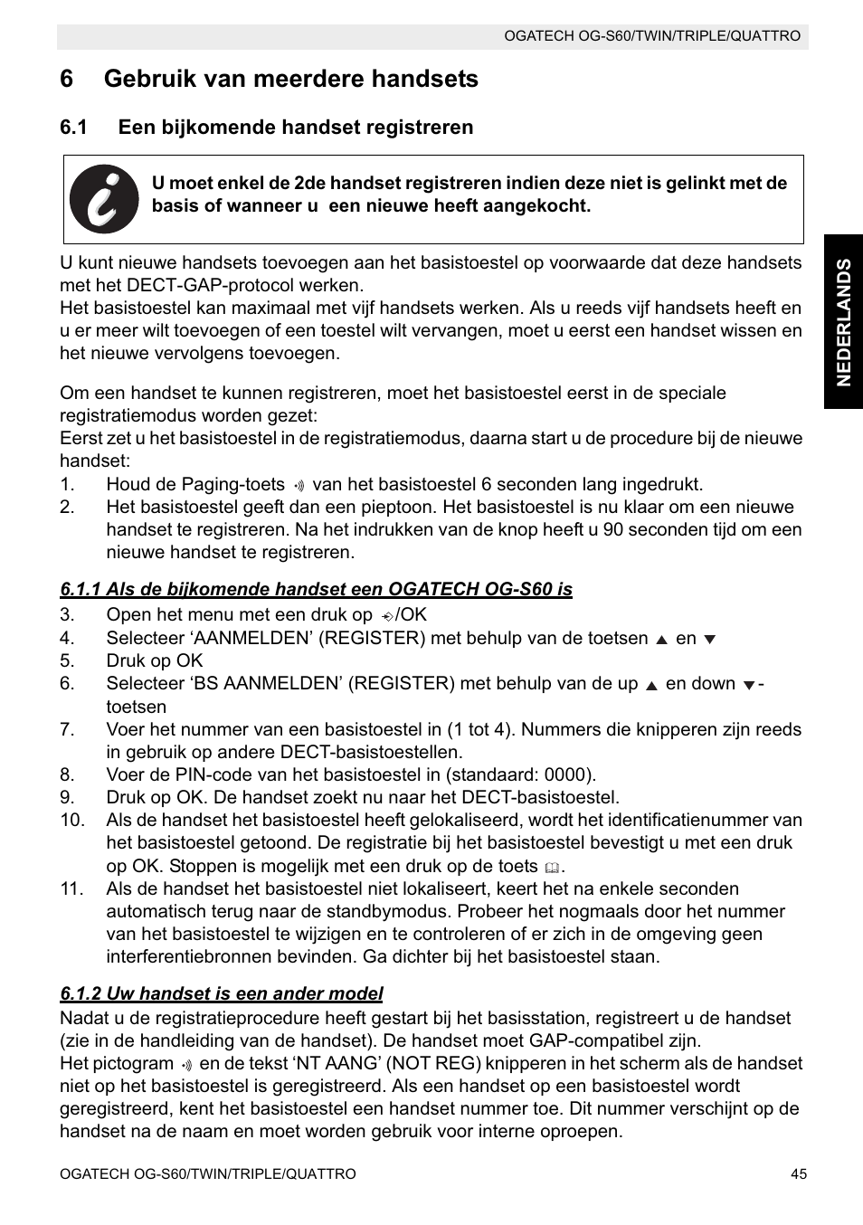 6gebruik van meerdere handsets | Topcom OGATECH OG-S60 User Manual | Page 45 / 144