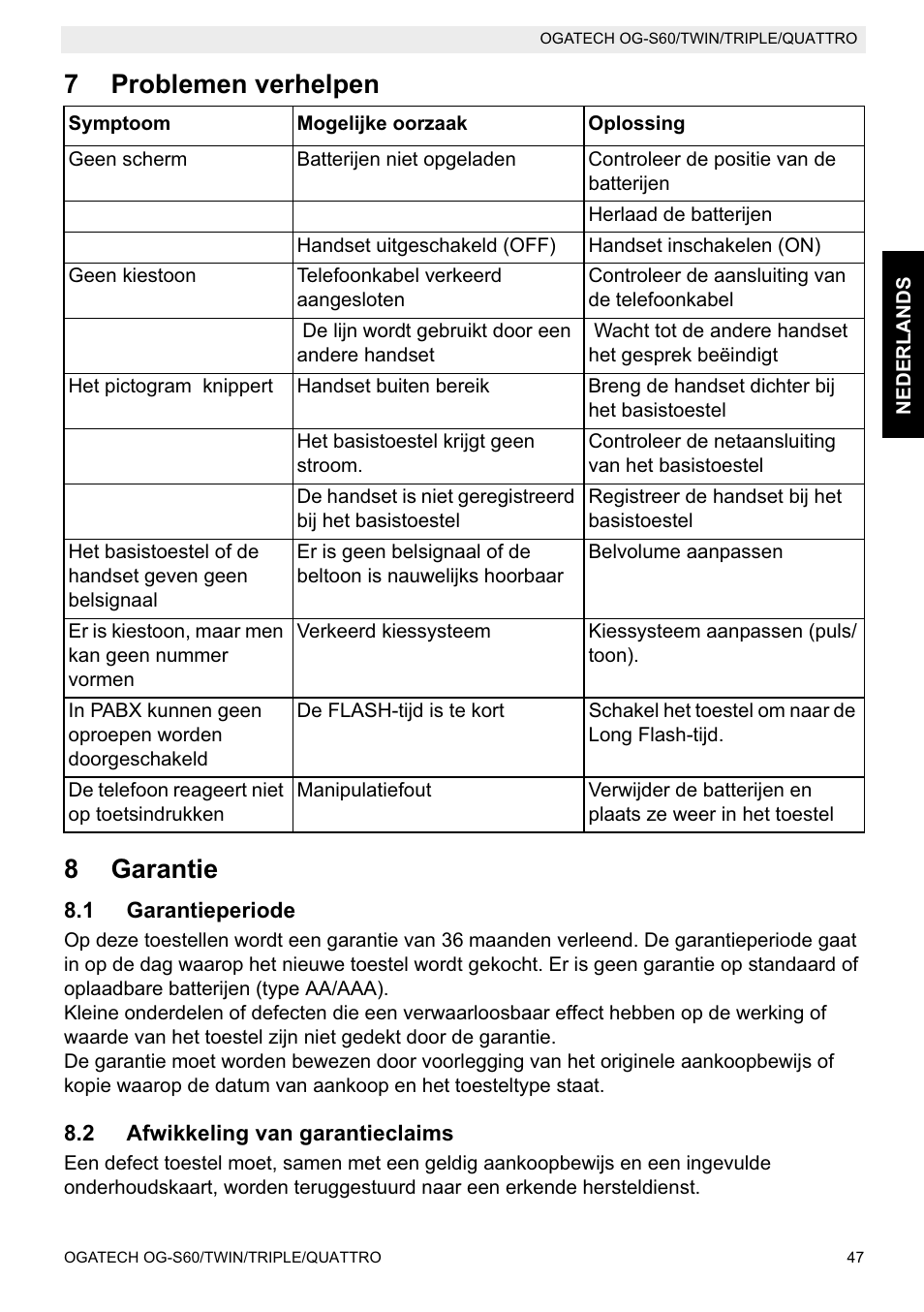 7problemen verhelpen 8 garantie | Topcom OGATECH OG-S60 User Manual | Page 47 / 144