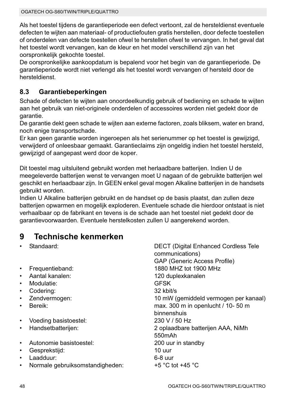 9technische kenmerken | Topcom OGATECH OG-S60 User Manual | Page 48 / 144