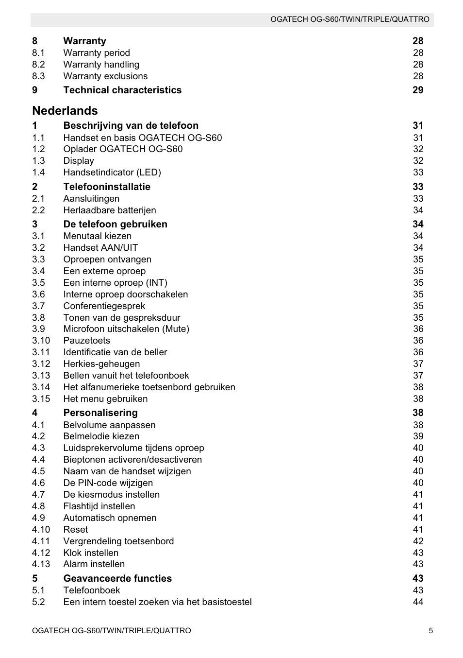 Nederlands | Topcom OGATECH OG-S60 User Manual | Page 5 / 144