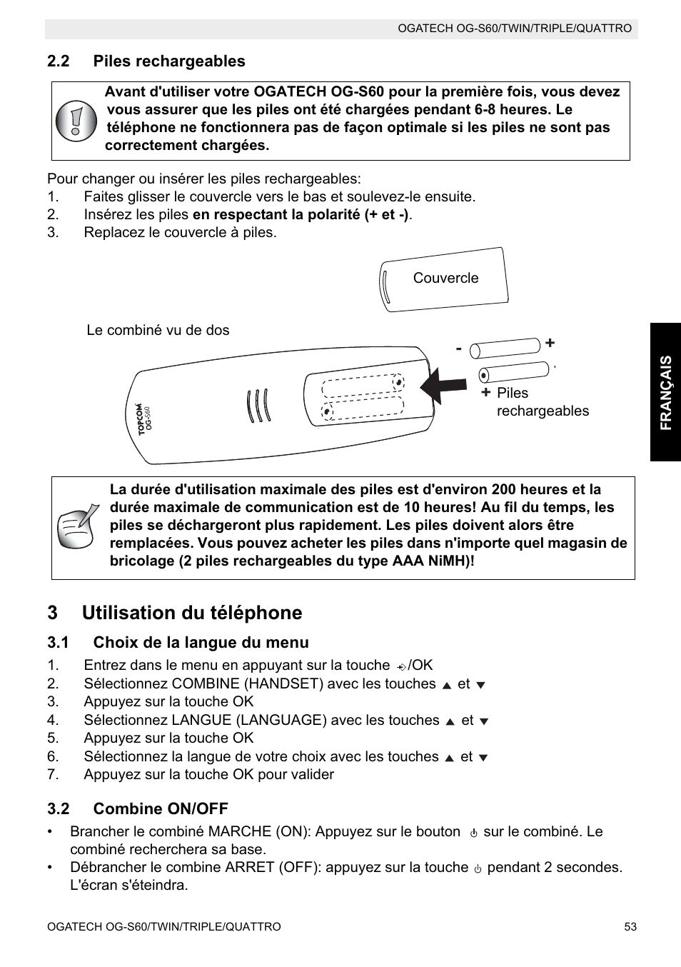 3utilisation du téléphone | Topcom OGATECH OG-S60 User Manual | Page 53 / 144