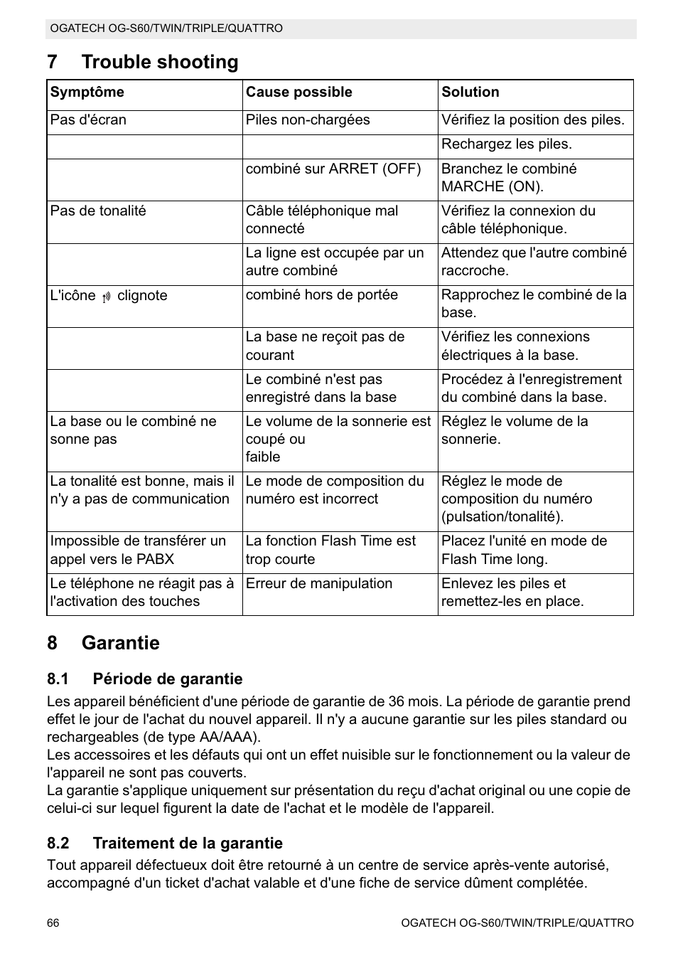 7trouble shooting 8 garantie | Topcom OGATECH OG-S60 User Manual | Page 66 / 144