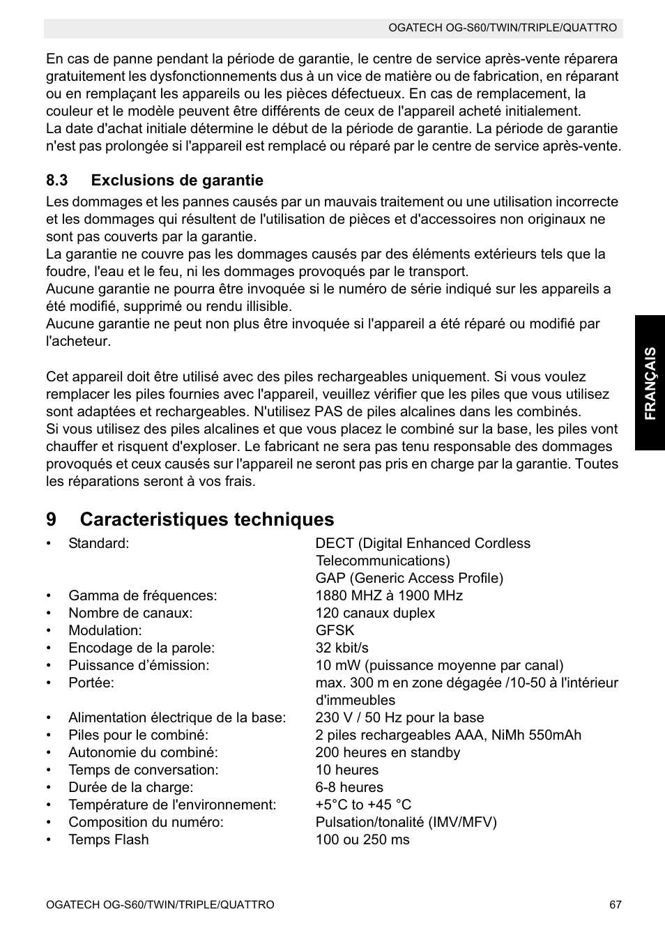 9caracteristiques techniques | Topcom OGATECH OG-S60 User Manual | Page 67 / 144