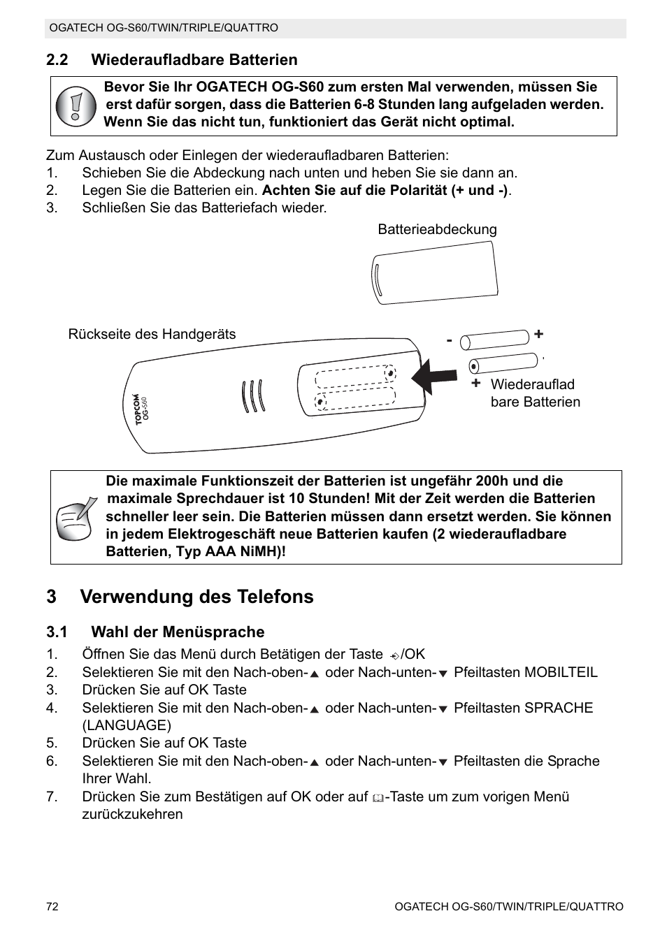 3verwendung des telefons | Topcom OGATECH OG-S60 User Manual | Page 72 / 144