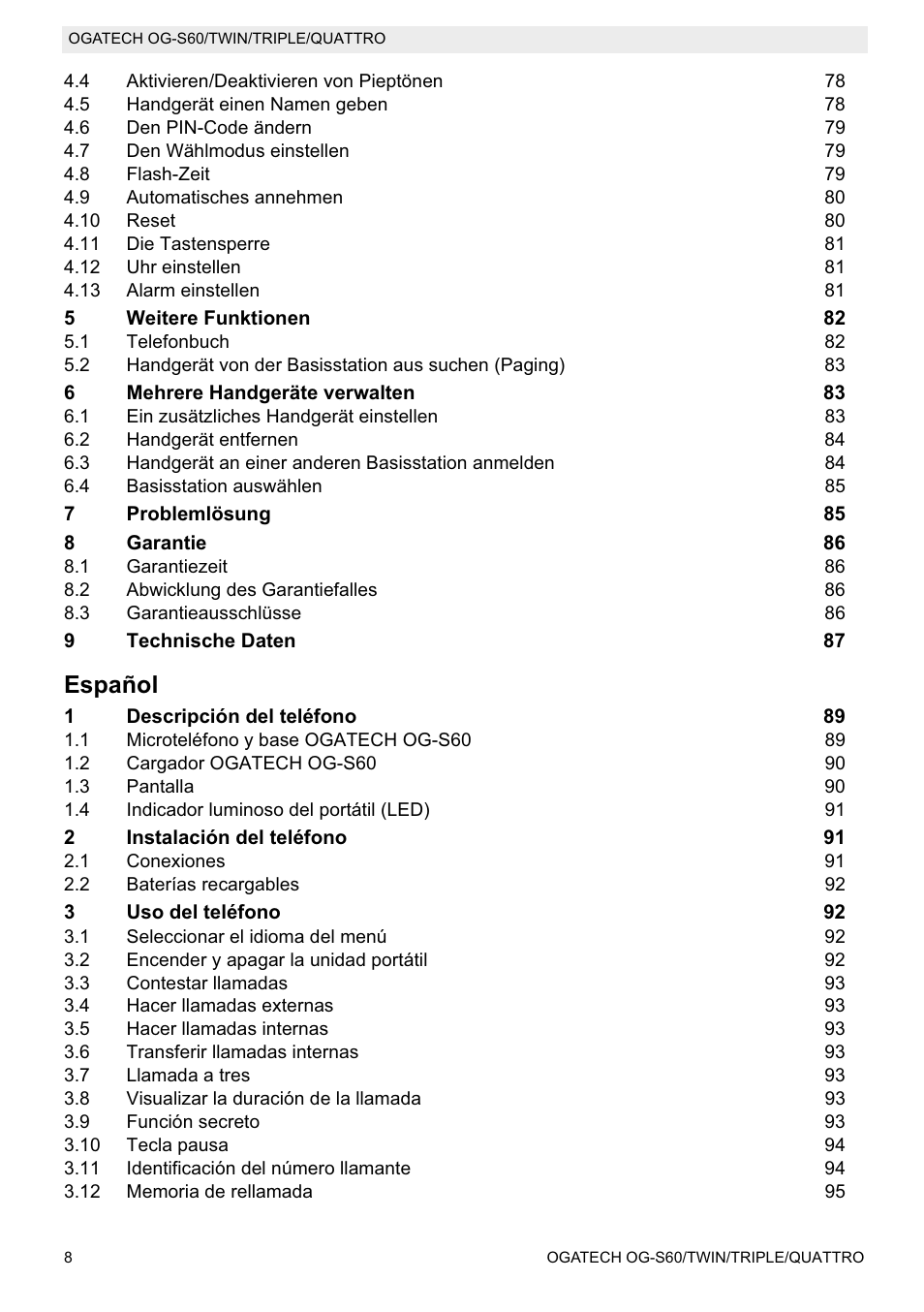 Español | Topcom OGATECH OG-S60 User Manual | Page 8 / 144