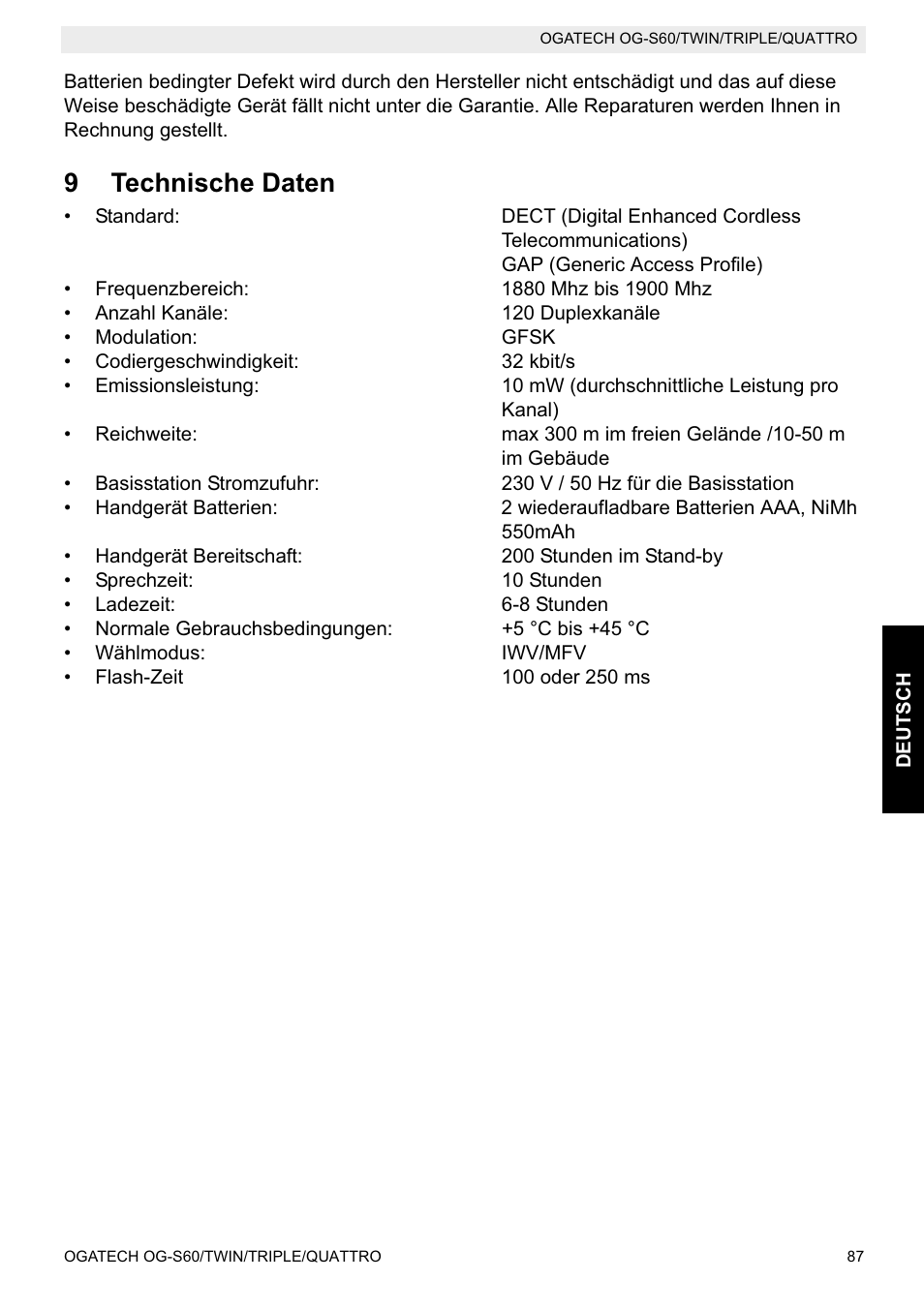 9technische daten | Topcom OGATECH OG-S60 User Manual | Page 87 / 144