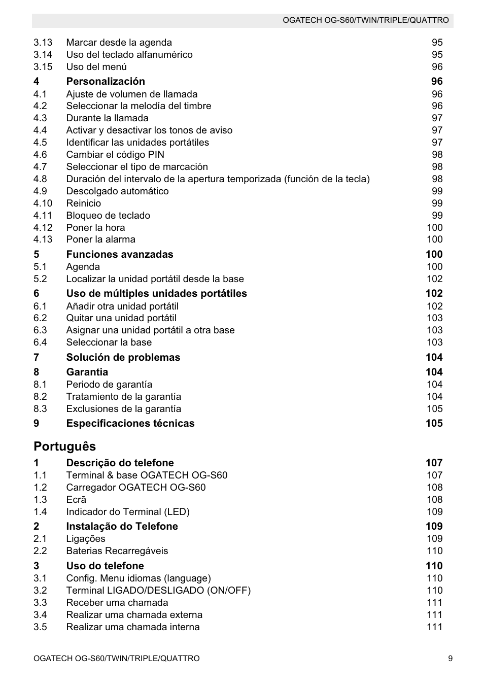 Português | Topcom OGATECH OG-S60 User Manual | Page 9 / 144