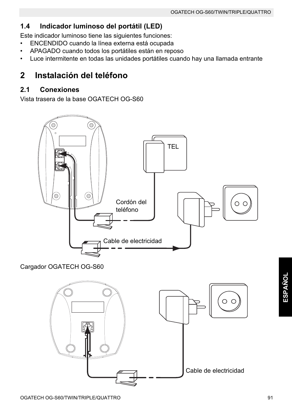 2instalación del teléfono | Topcom OGATECH OG-S60 User Manual | Page 91 / 144
