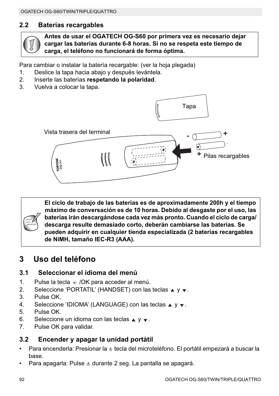 3uso del teléfono | Topcom OGATECH OG-S60 User Manual | Page 92 / 144