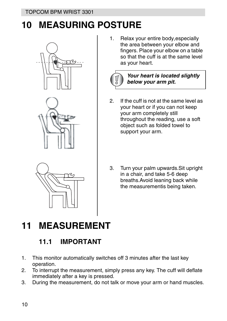 10 measuring posture 11 measurement | Topcom WRIST 3301 User Manual | Page 10 / 68