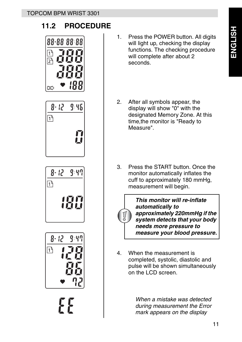 Engl ish 11.2 procedure | Topcom WRIST 3301 User Manual | Page 11 / 68