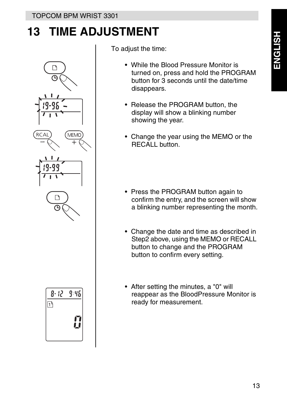 13 time adjustment, Engl ish | Topcom WRIST 3301 User Manual | Page 13 / 68