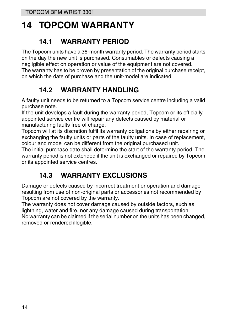 14 topcom warranty | Topcom WRIST 3301 User Manual | Page 14 / 68