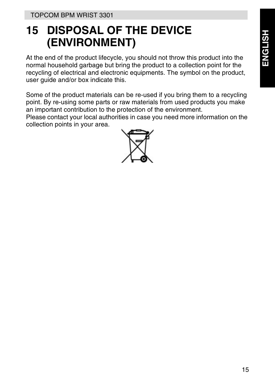 15 disposal of the device (environment) | Topcom WRIST 3301 User Manual | Page 15 / 68