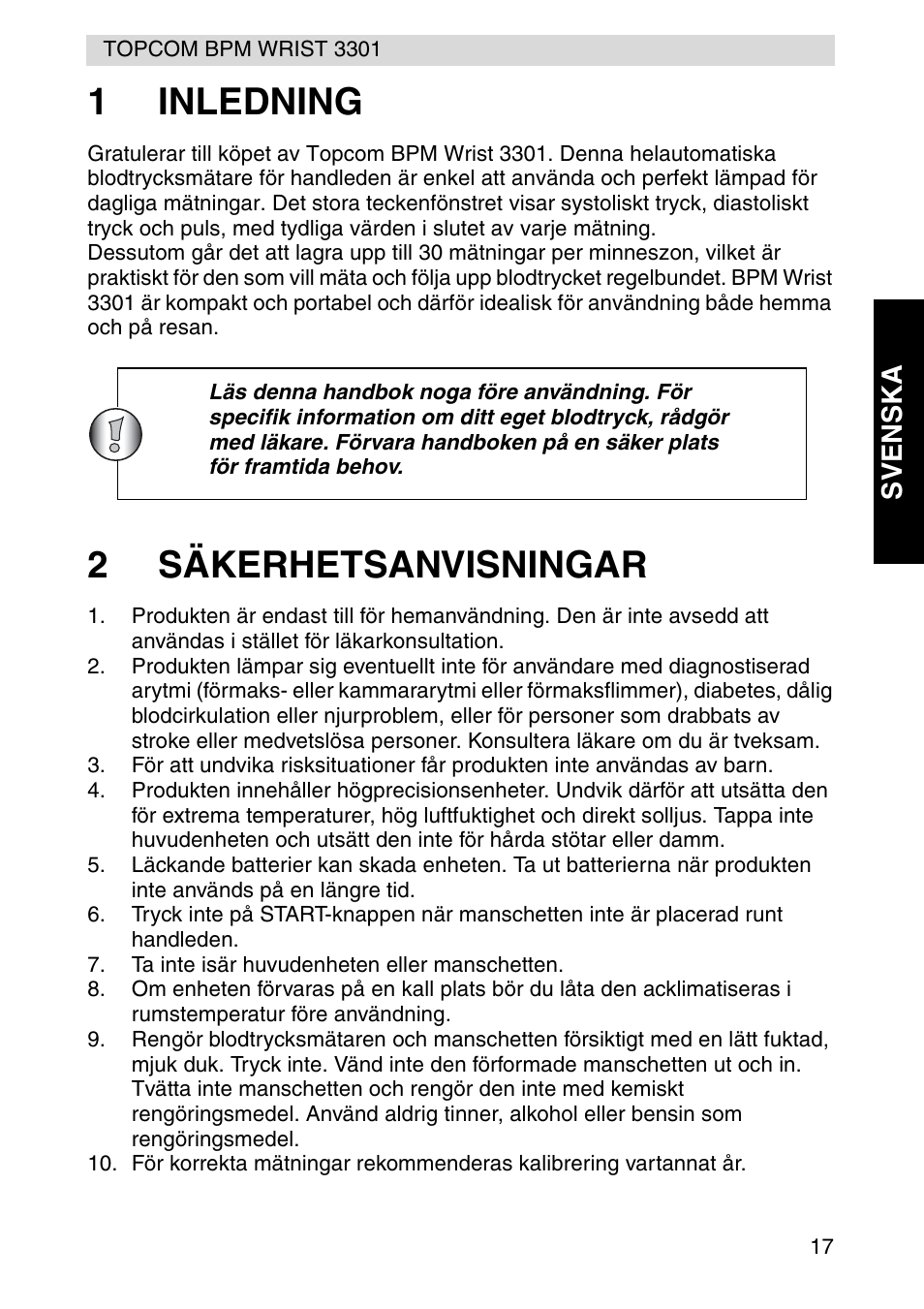 1inledning, 2säkerhetsanvisningar, Svenska | Topcom WRIST 3301 User Manual | Page 17 / 68